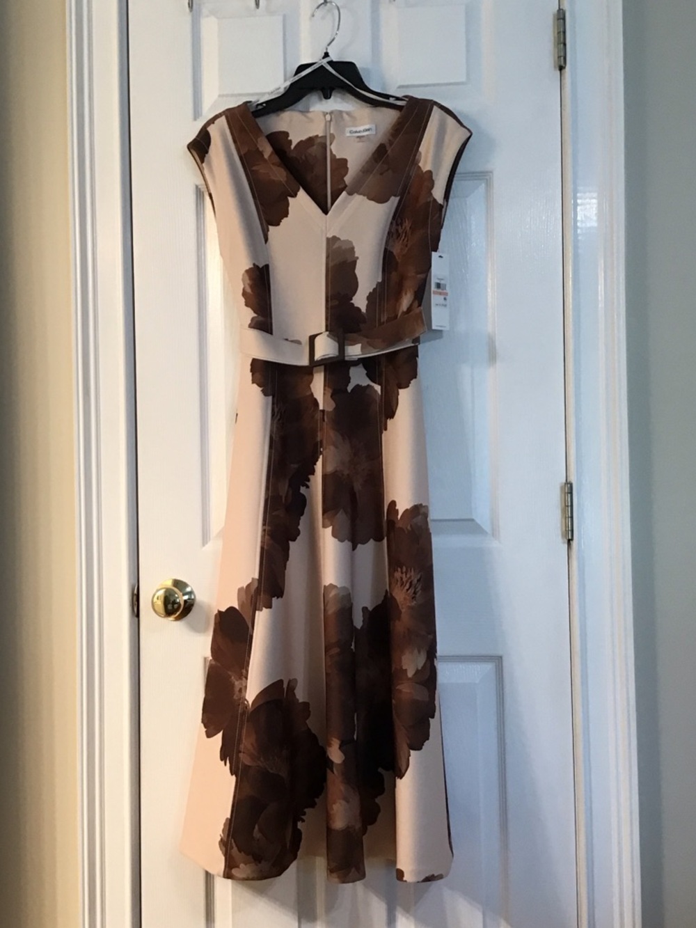 Calvin Klein Cream Midi Dress with Brown Floral Print